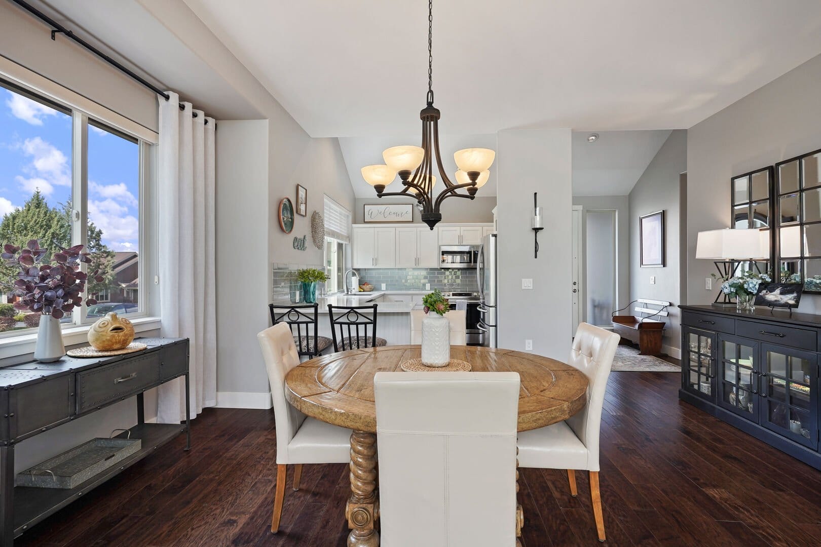 Modern kitchen and dining area.