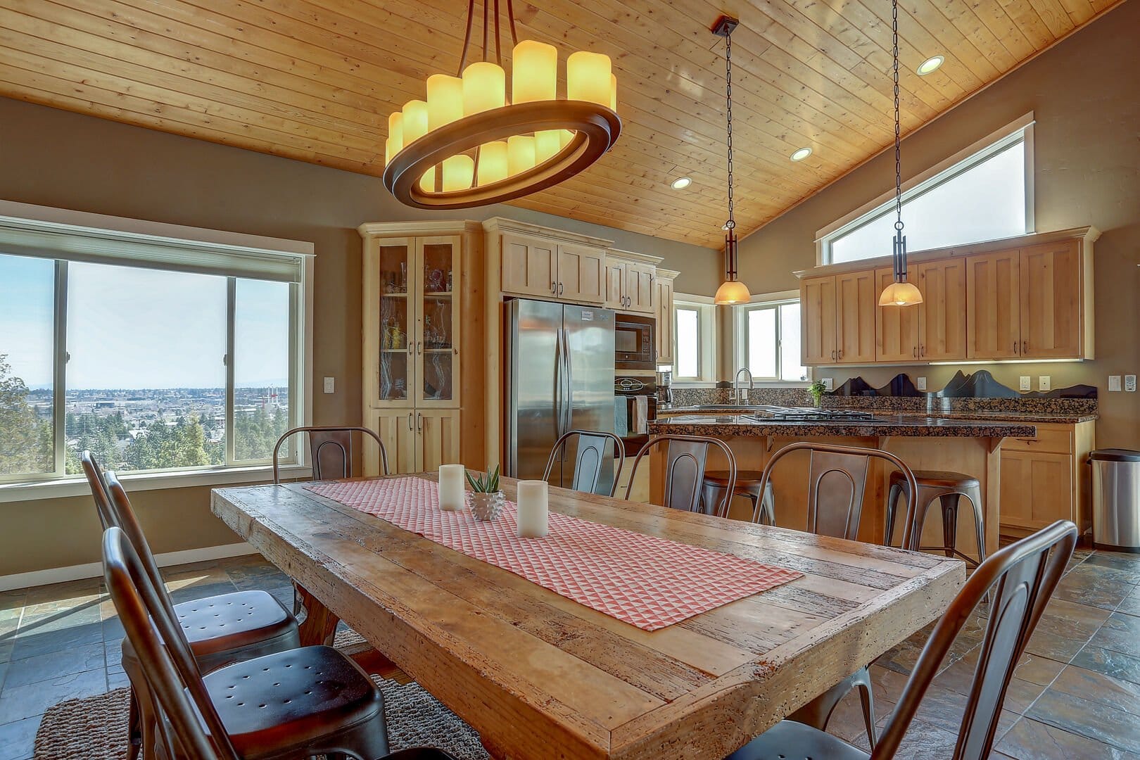 Rustic dining and kitchen area.