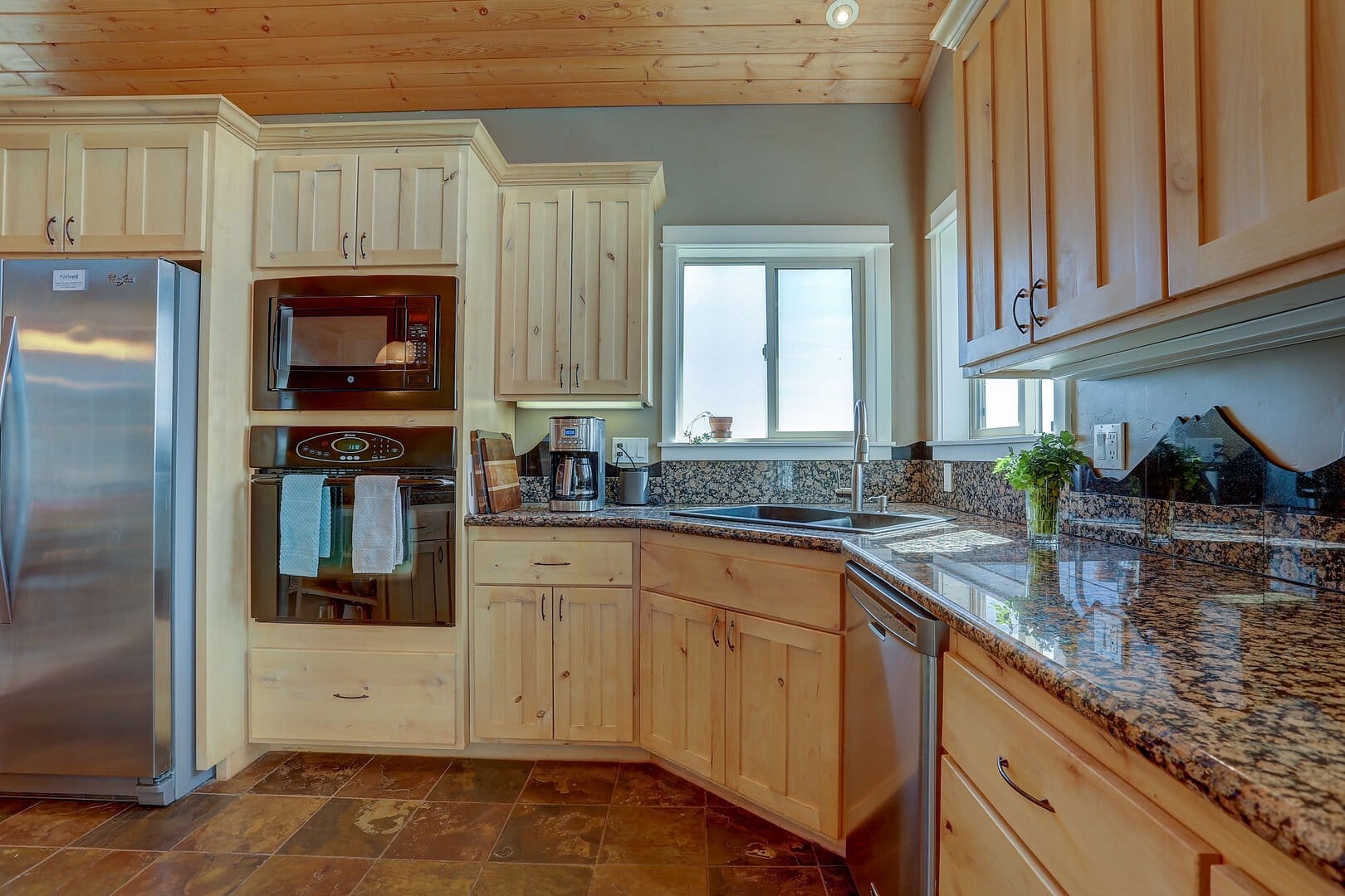 Modern kitchen with wooden cabinets.