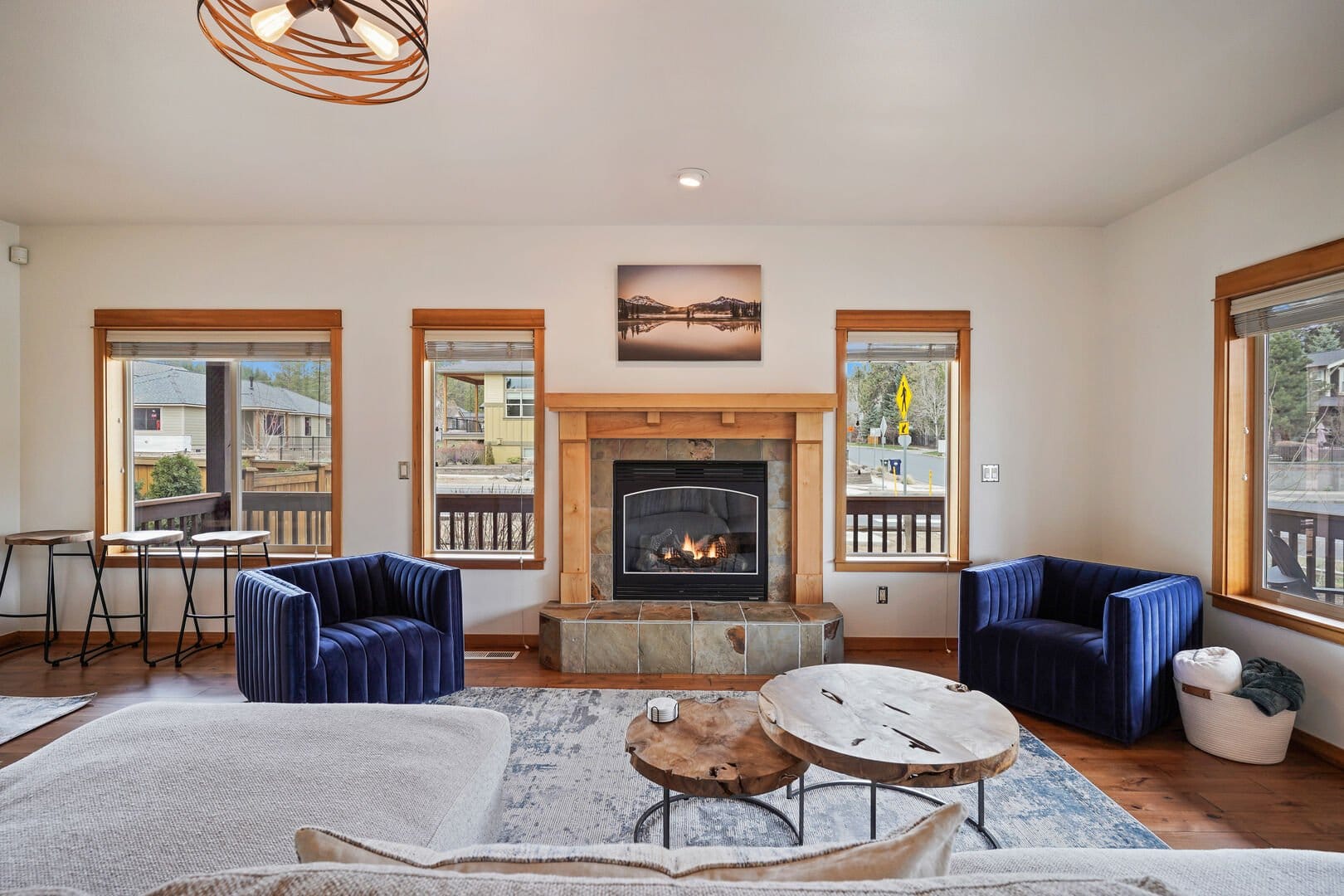 Cozy living room with fireplace.