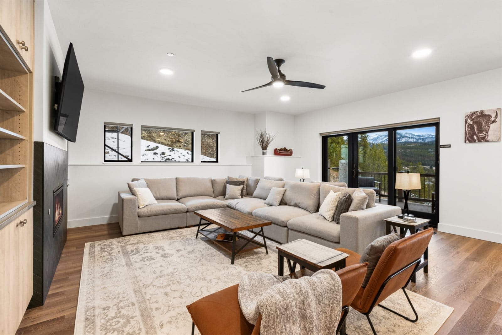 Modern living room with mountain view.