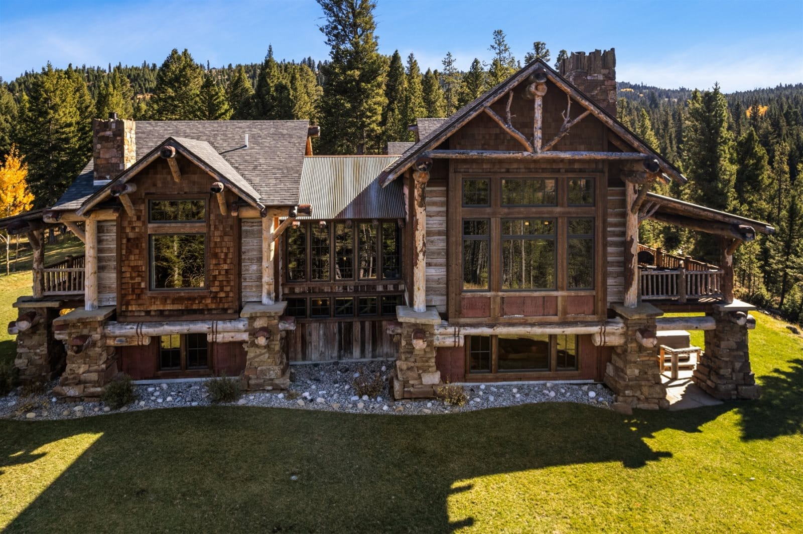 Rustic cabin in forested area.