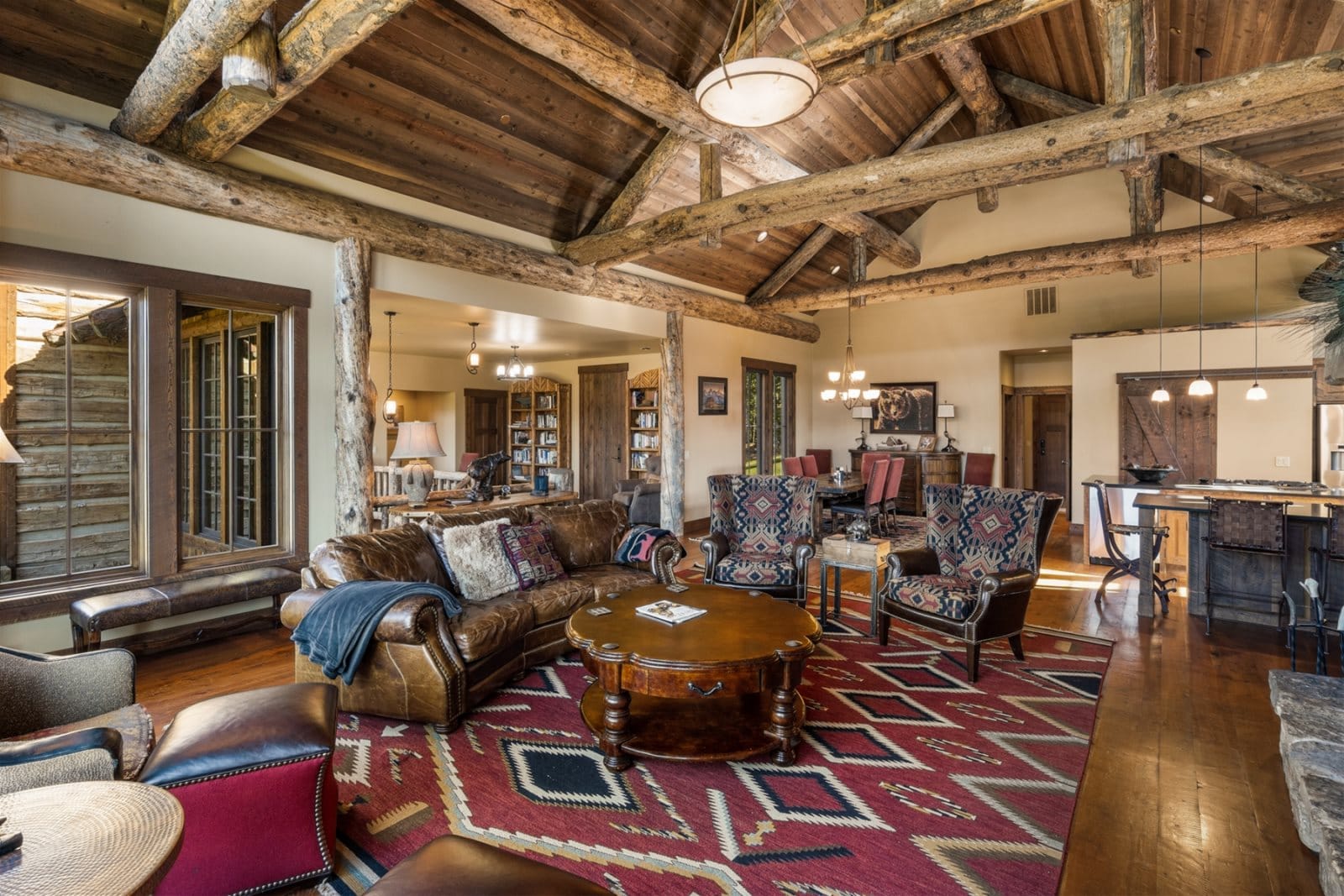 Rustic living room with wooden beams.