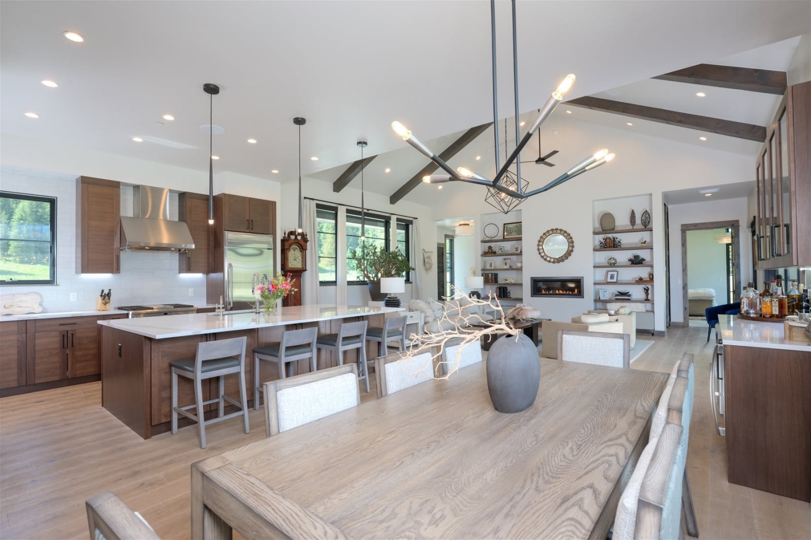 Modern open-concept kitchen and living area.