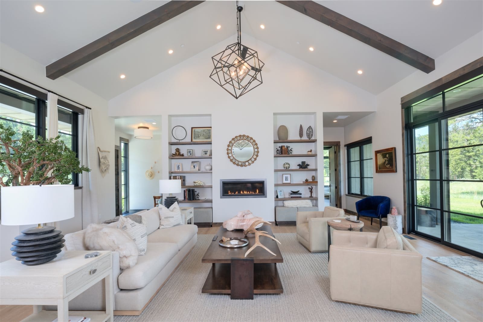 Modern living room with fireplace.