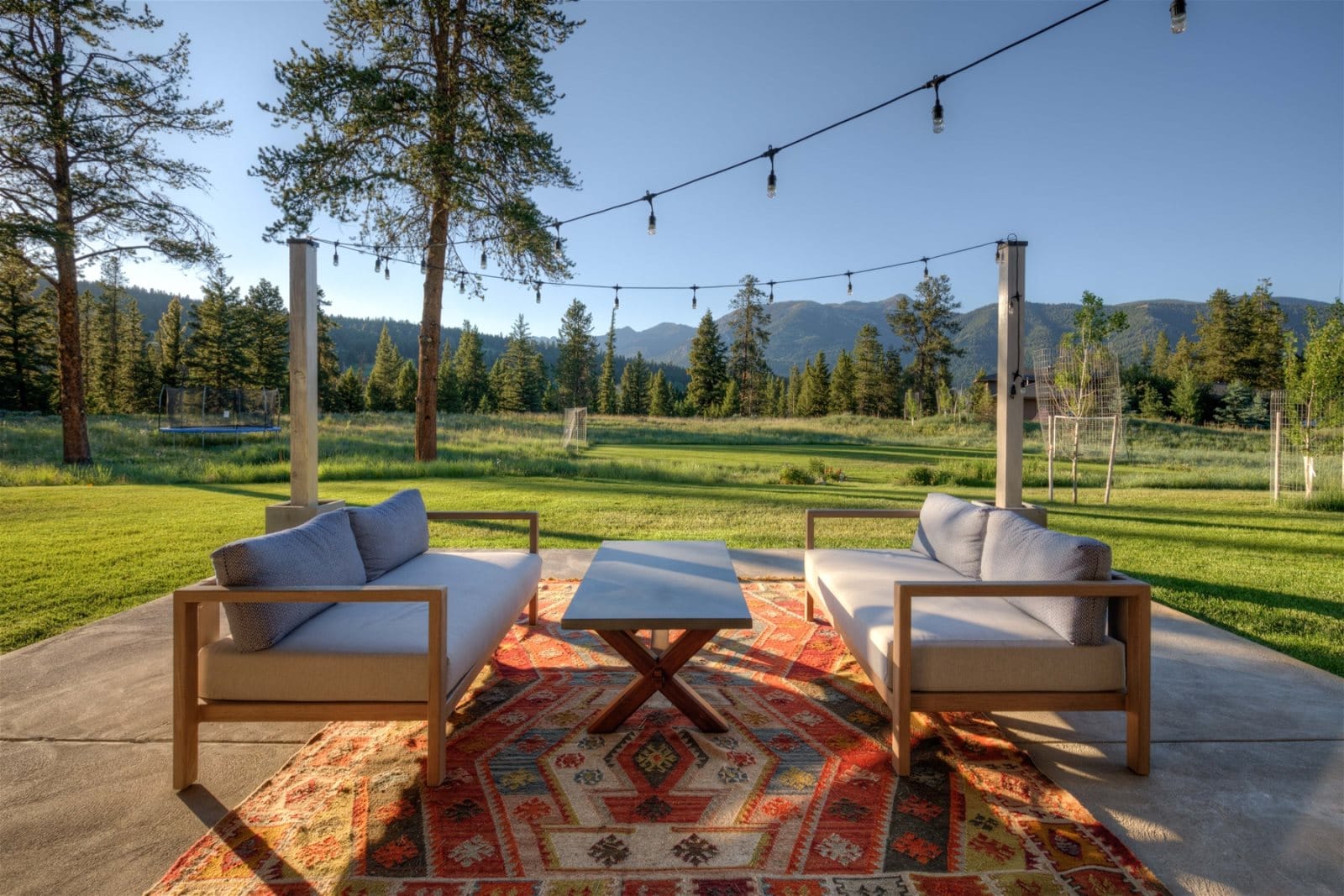 Outdoor seating with mountain view.