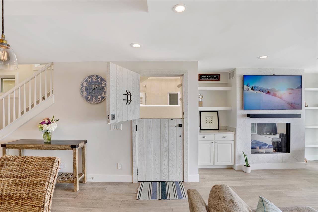 Modern living space with barn door.