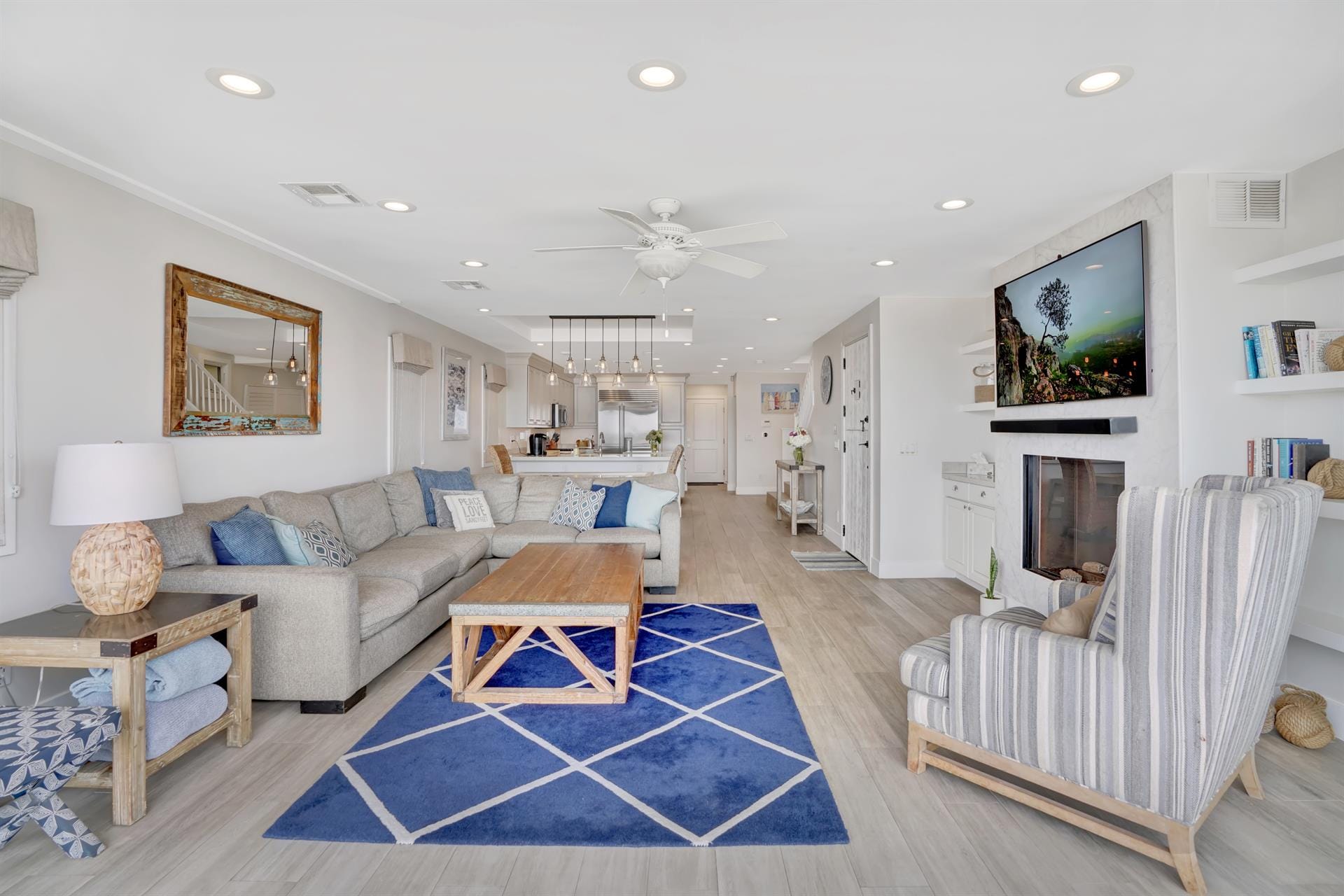 Modern living room and kitchen interior.