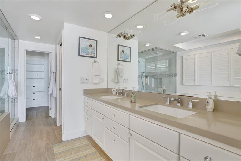 Modern bathroom with double vanity.