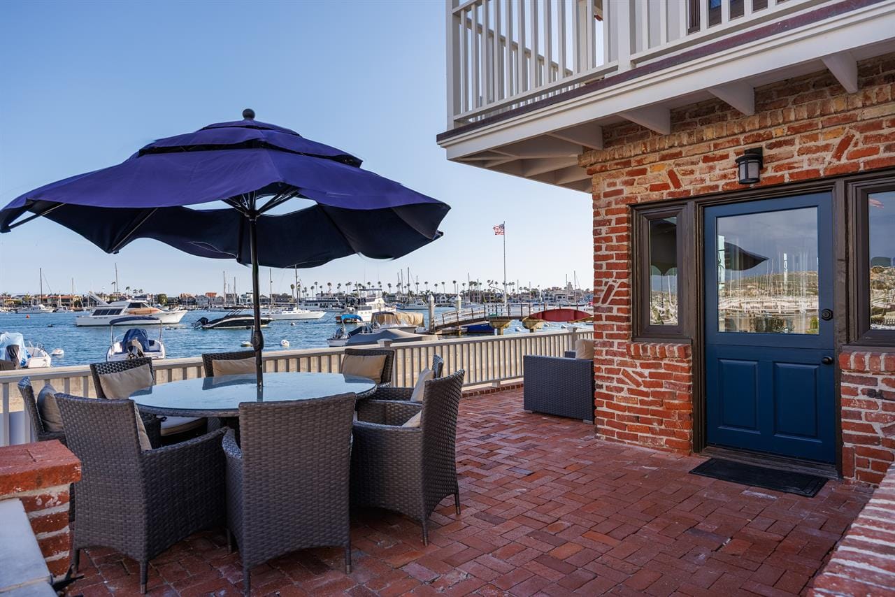 Patio overlooking a marina.