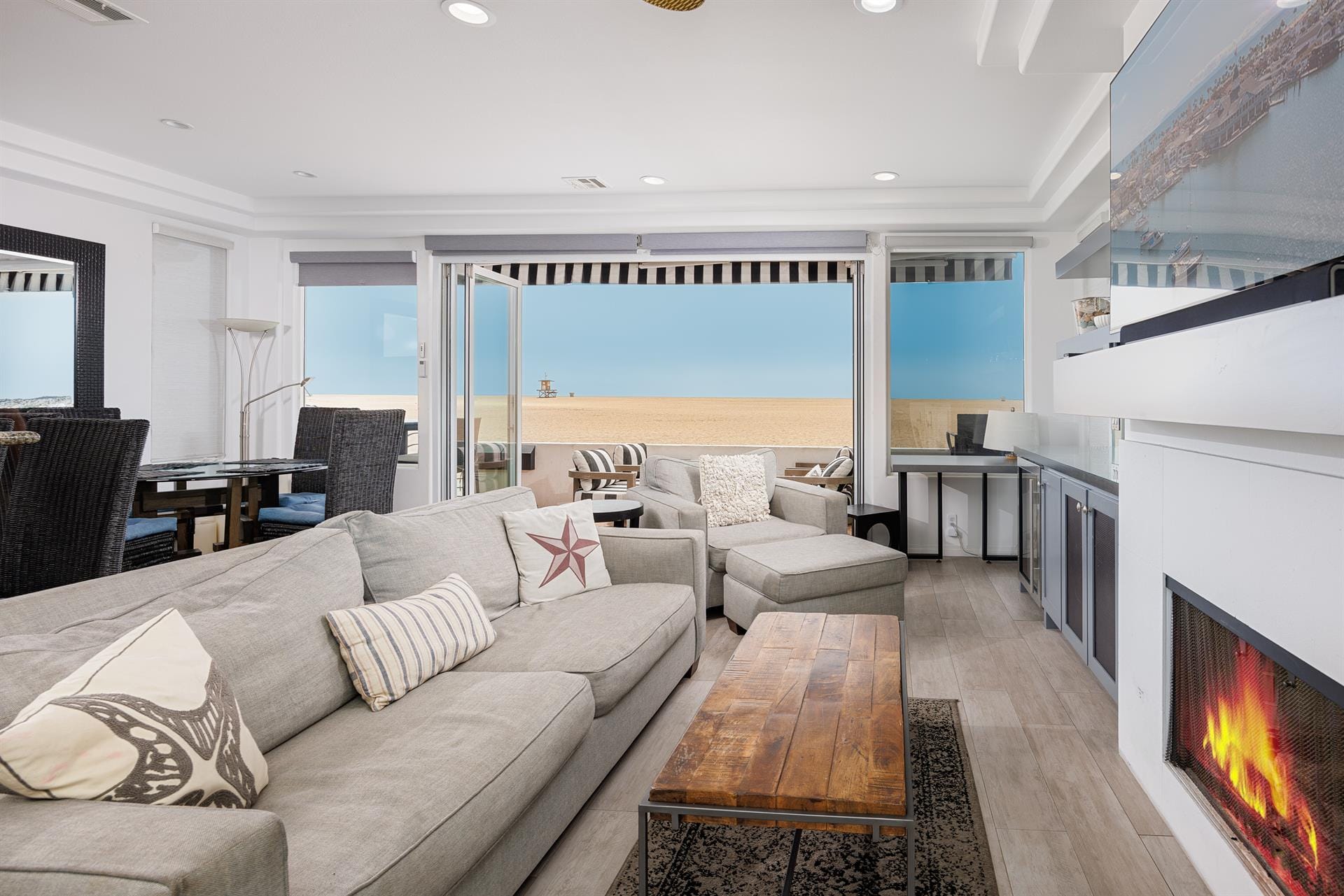 Modern beachfront living room interior.