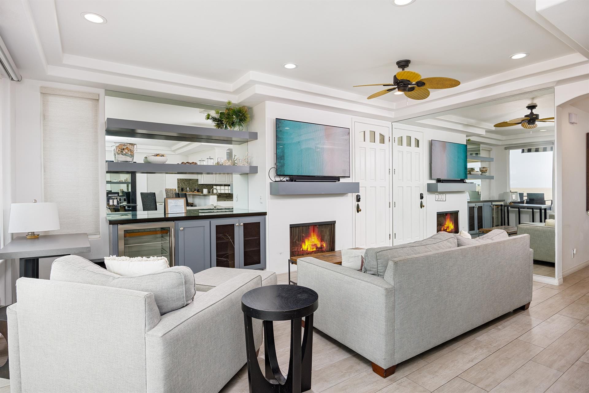 Modern living room with fireplace.