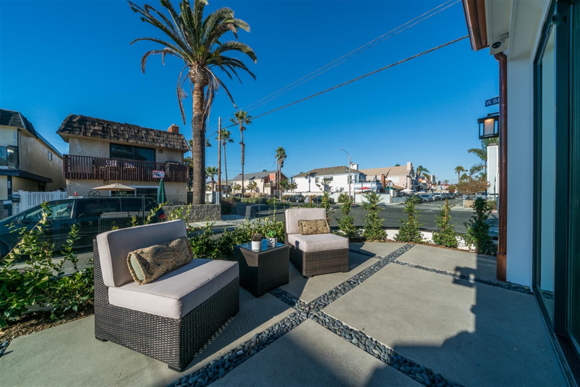 Patio chairs with palm tree backdrop.