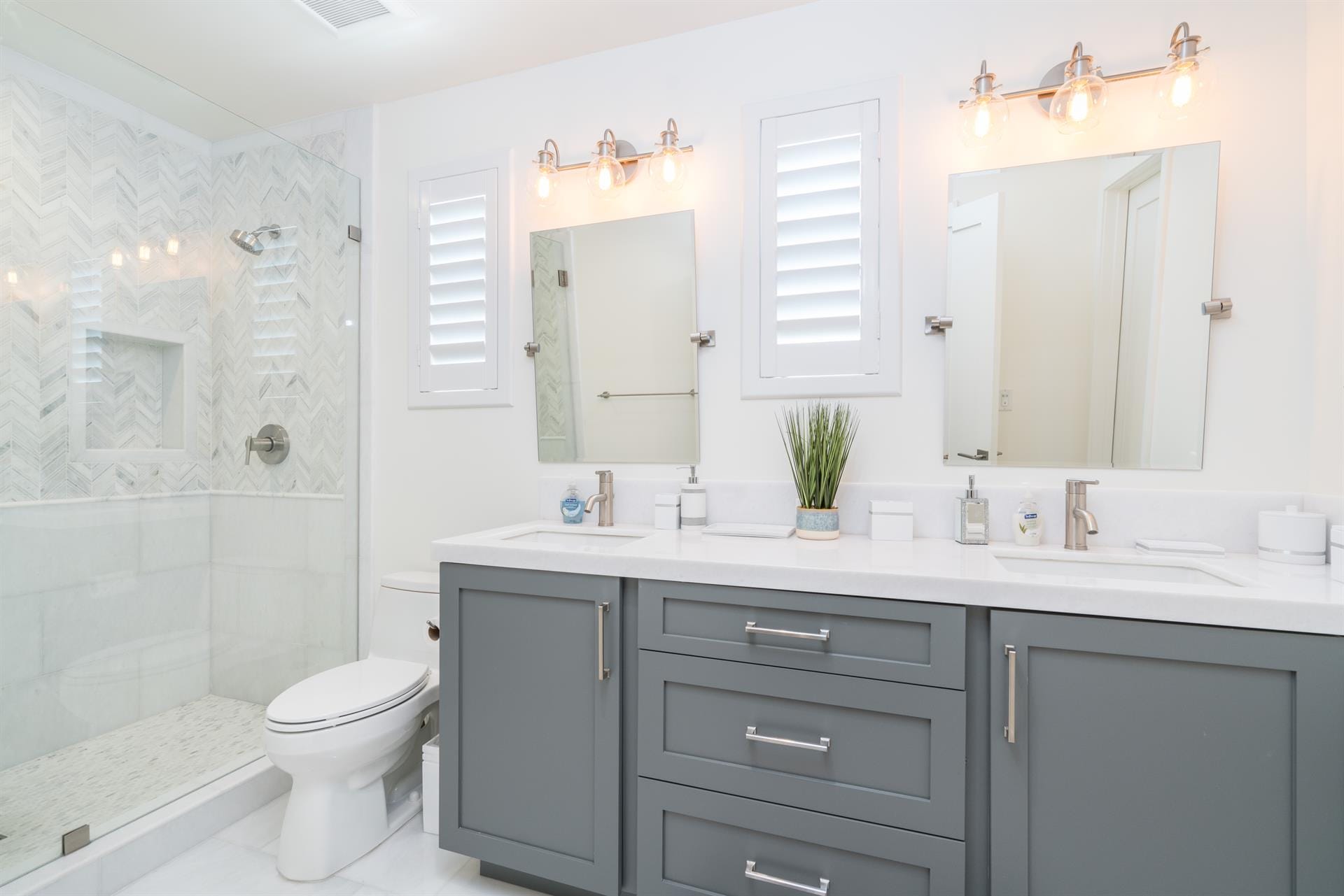 Modern bathroom with double sink.