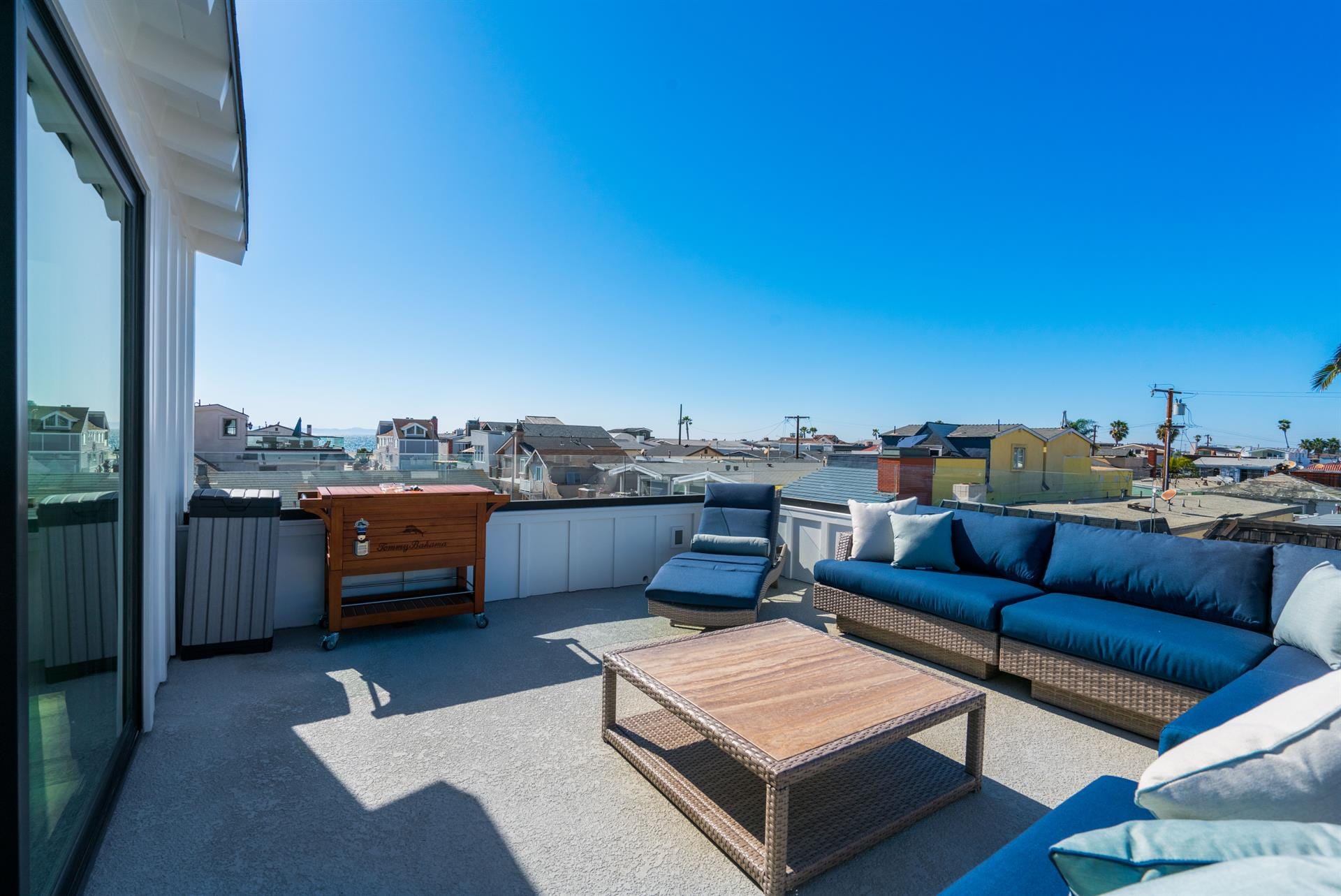 Rooftop patio with ocean view.