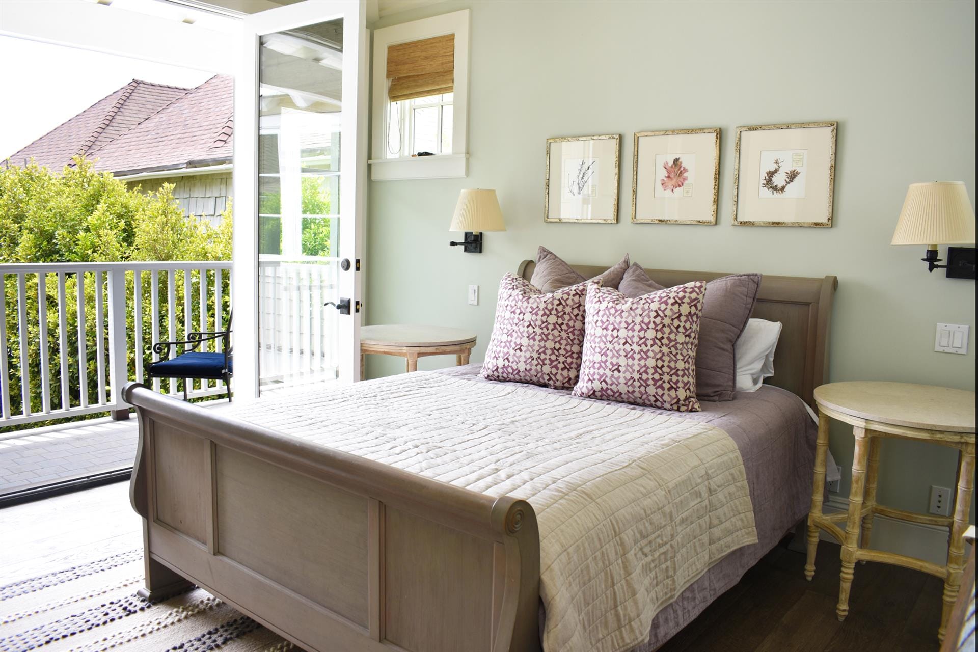 Cozy bedroom with balcony view.