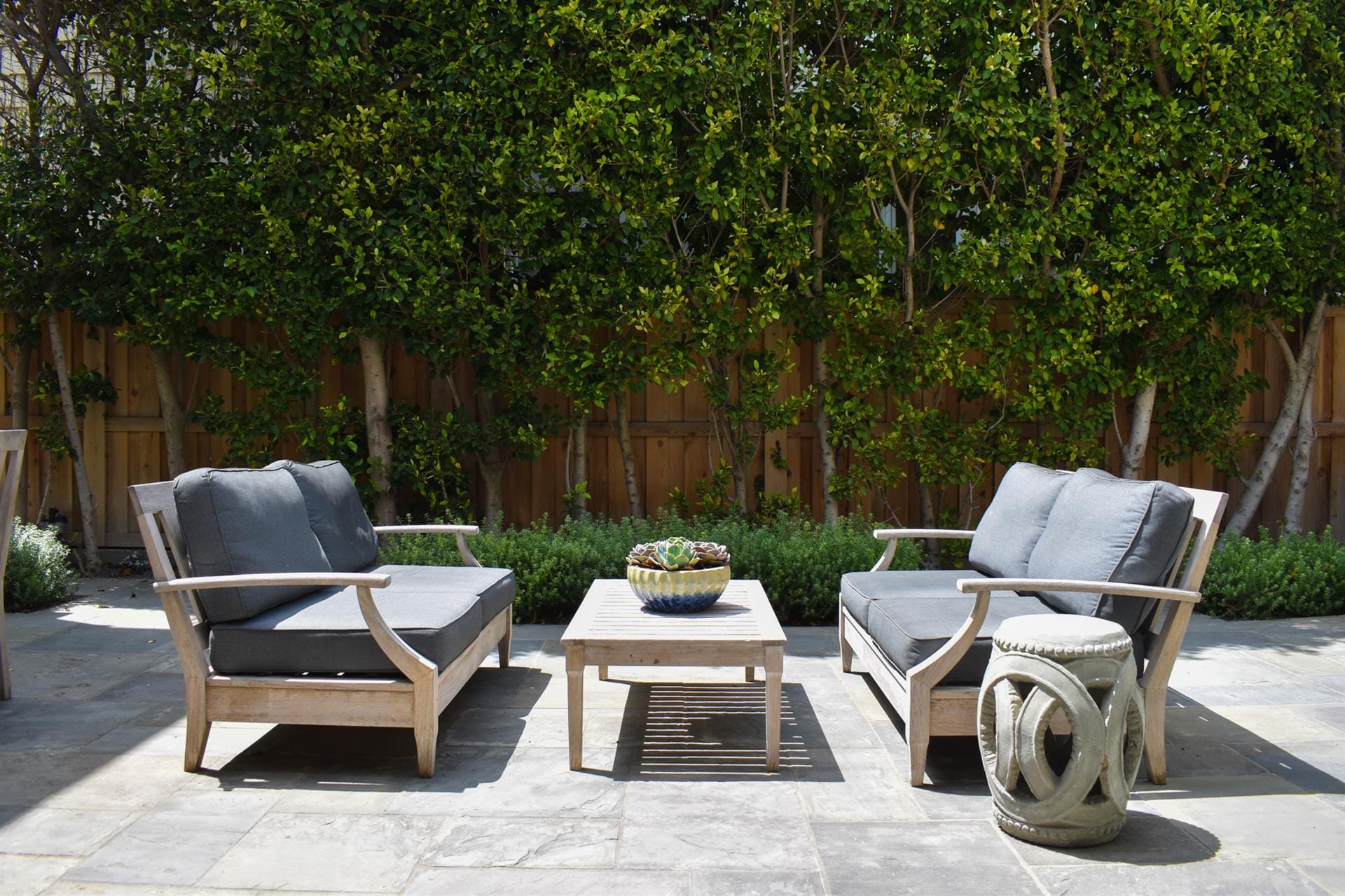 Outdoor patio seating with table.