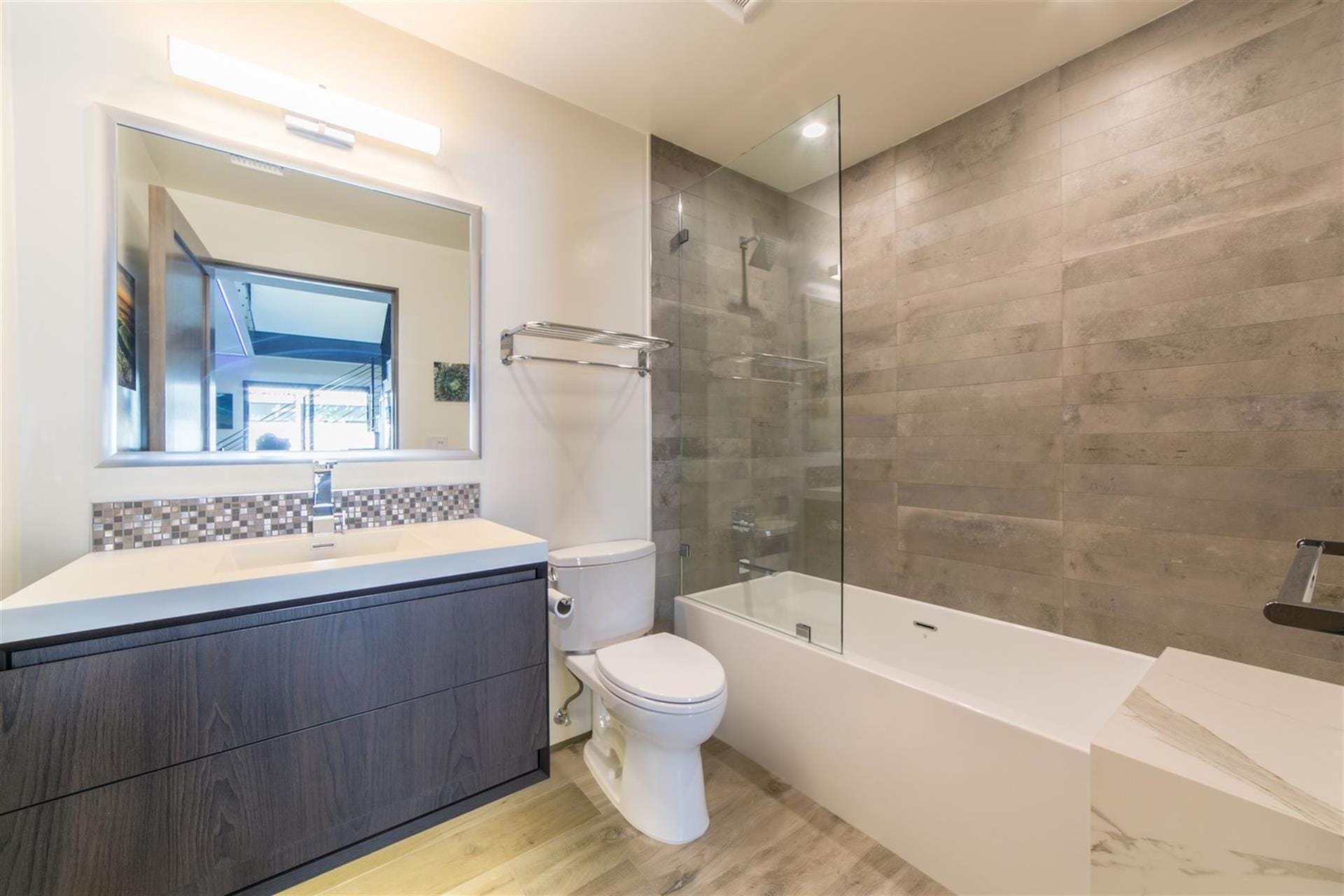 Modern bathroom with glass shower.