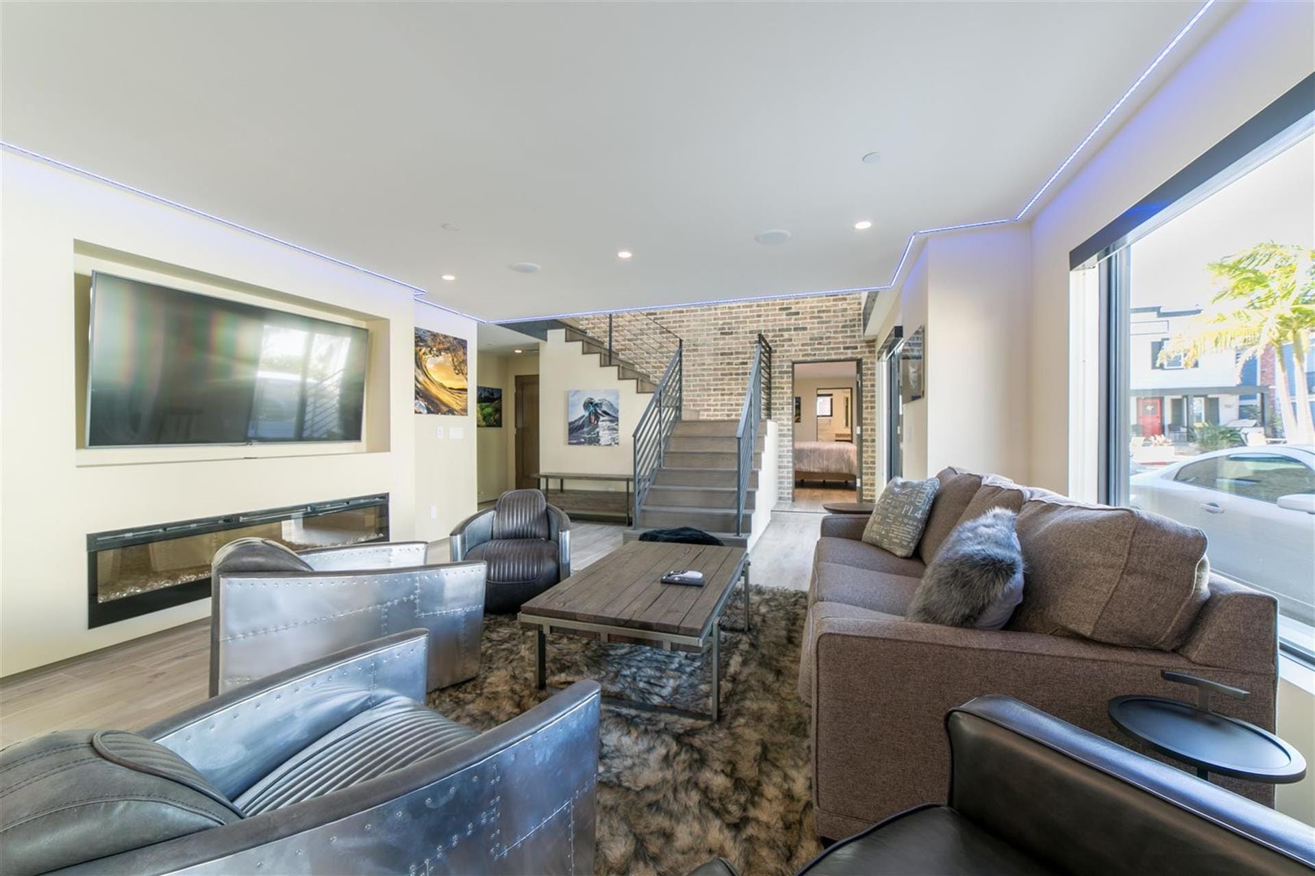 Modern living room with staircase.