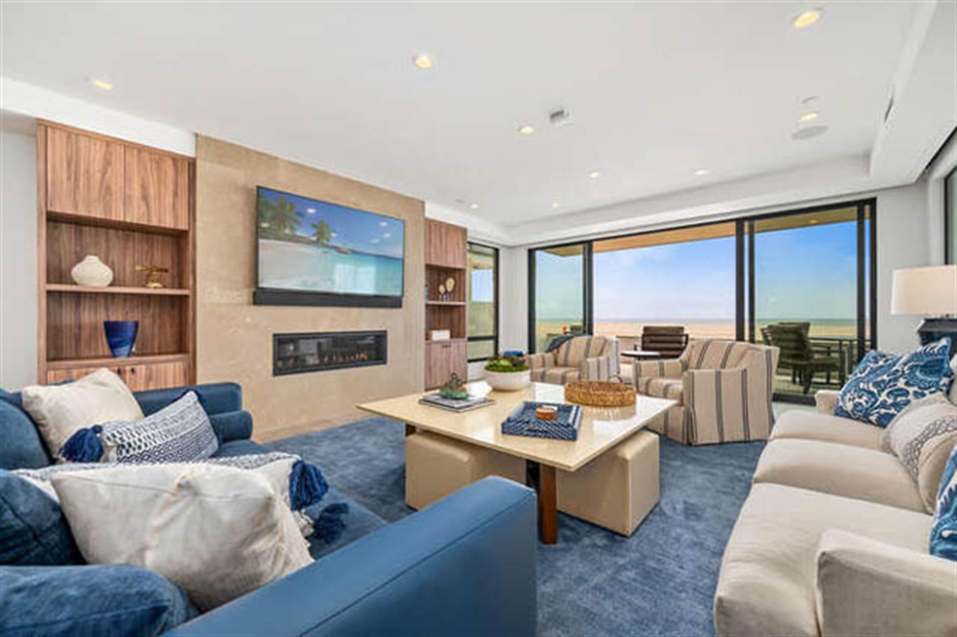 Modern living room with ocean view.