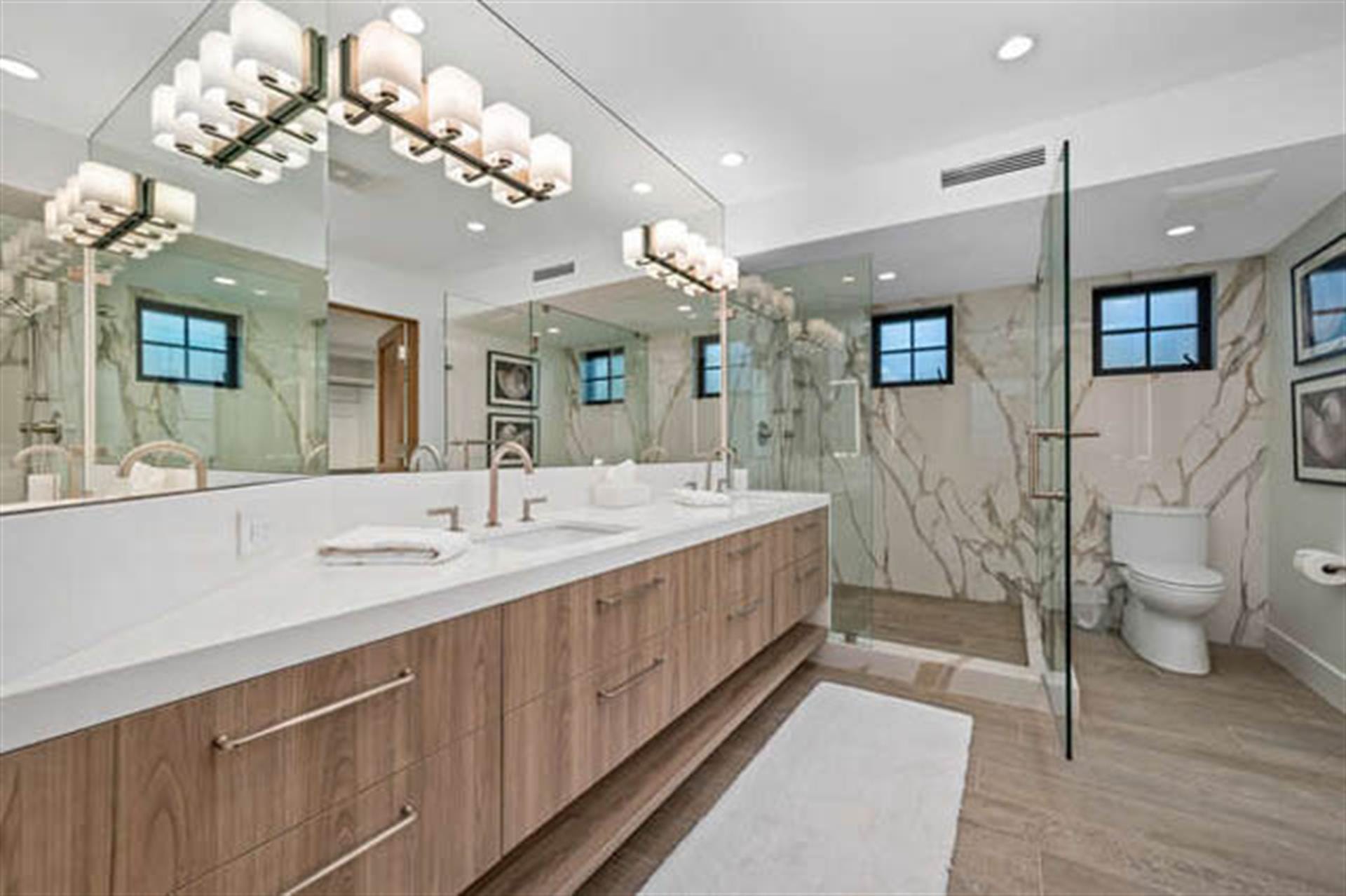 Modern bathroom with double vanity.