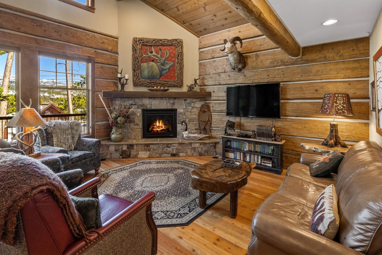 Cozy log cabin living room ambiance.