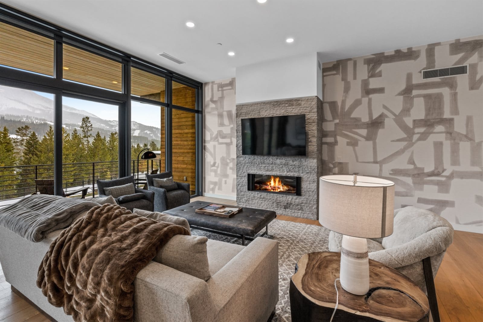 Modern living room with mountain view.