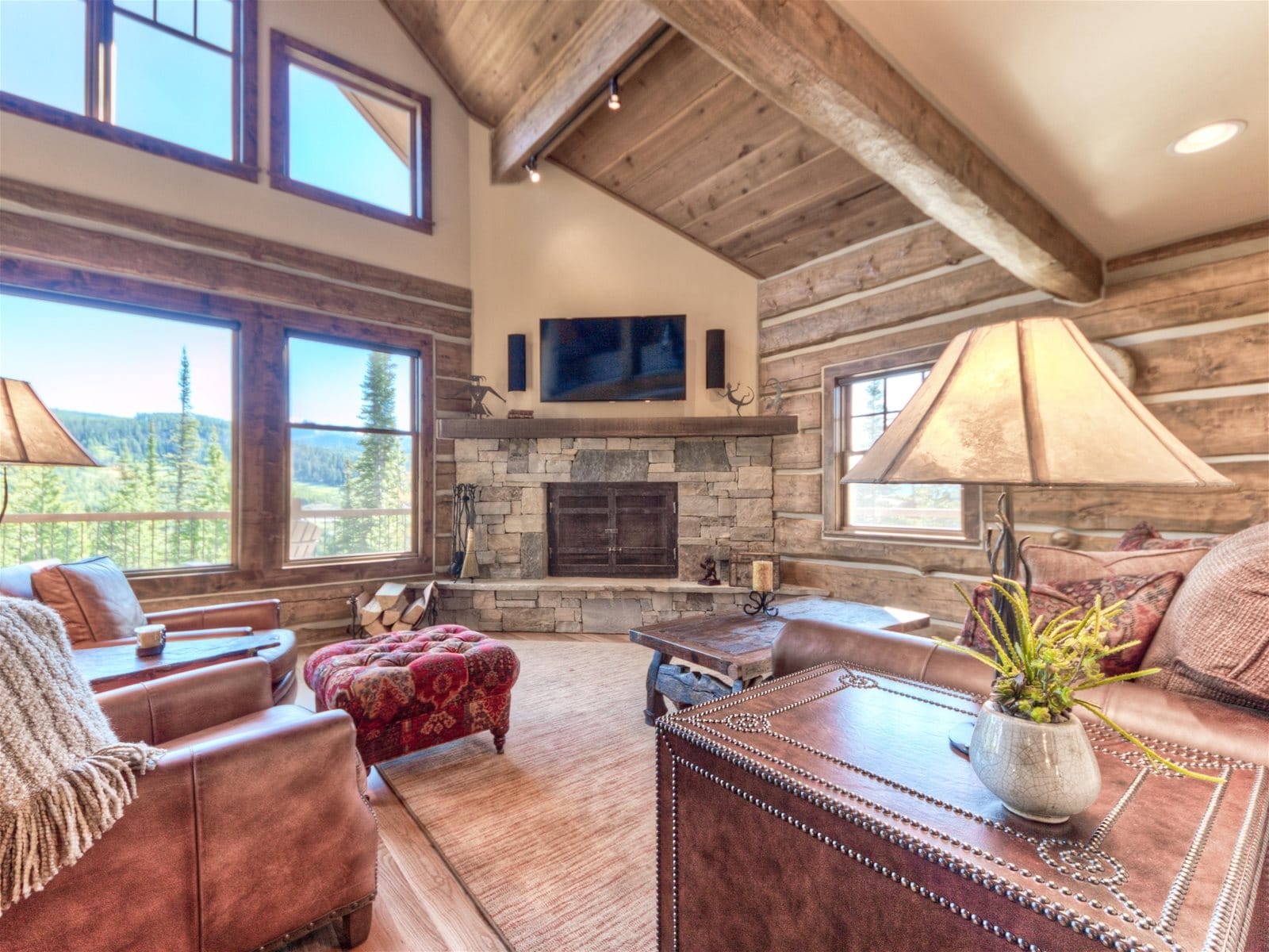 Cozy rustic living room with fireplace.