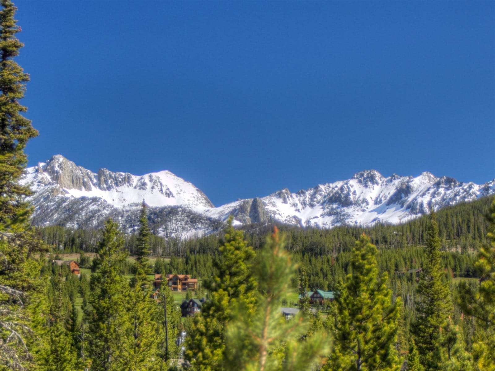 Snowy mountains with forest and houses.