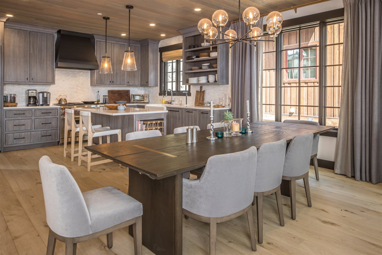 Modern kitchen and dining area.