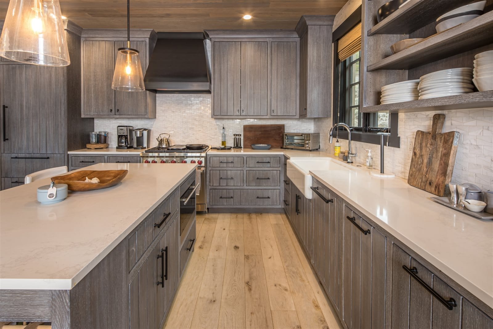 Modern kitchen with wooden cabinets.