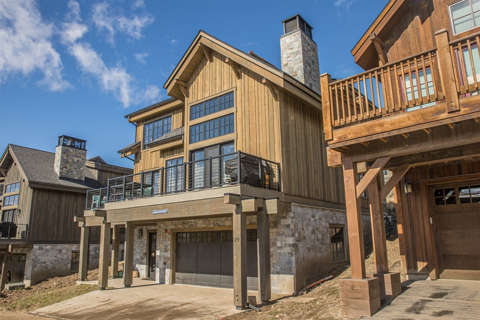 Modern wooden house with balconies.