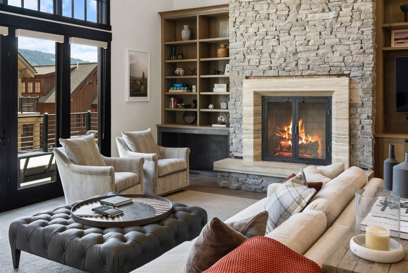 Cozy living room with fireplace.