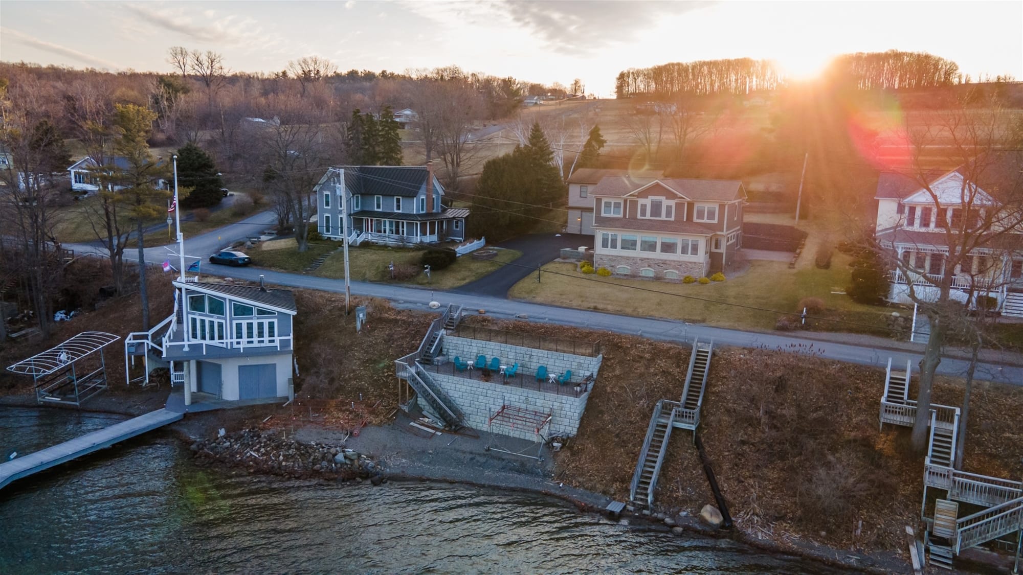 Lakeside houses at sunset.