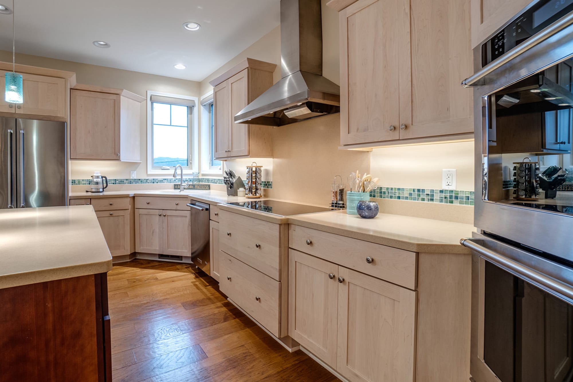 Modern kitchen with wooden cabinets.