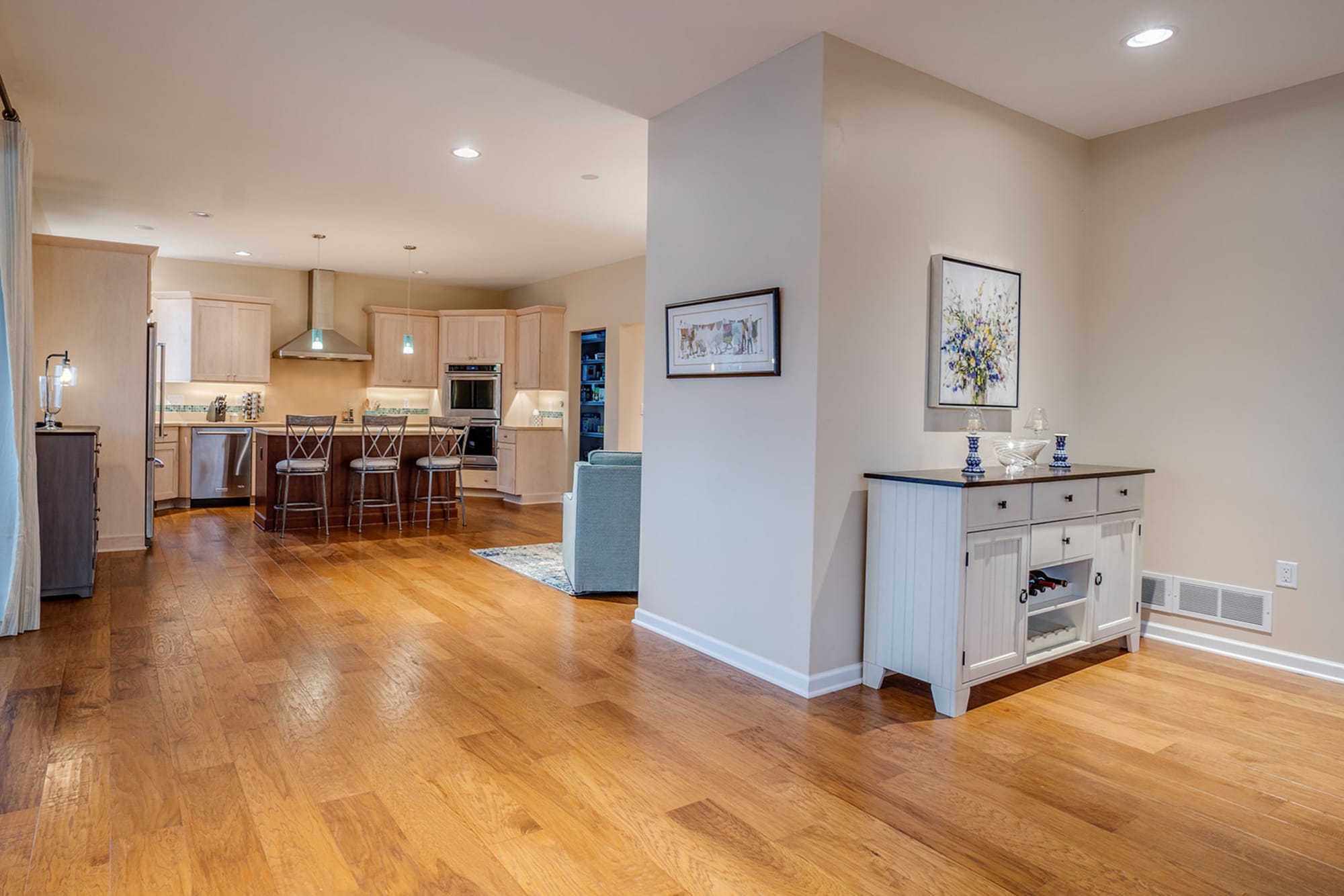 Modern kitchen and dining area.