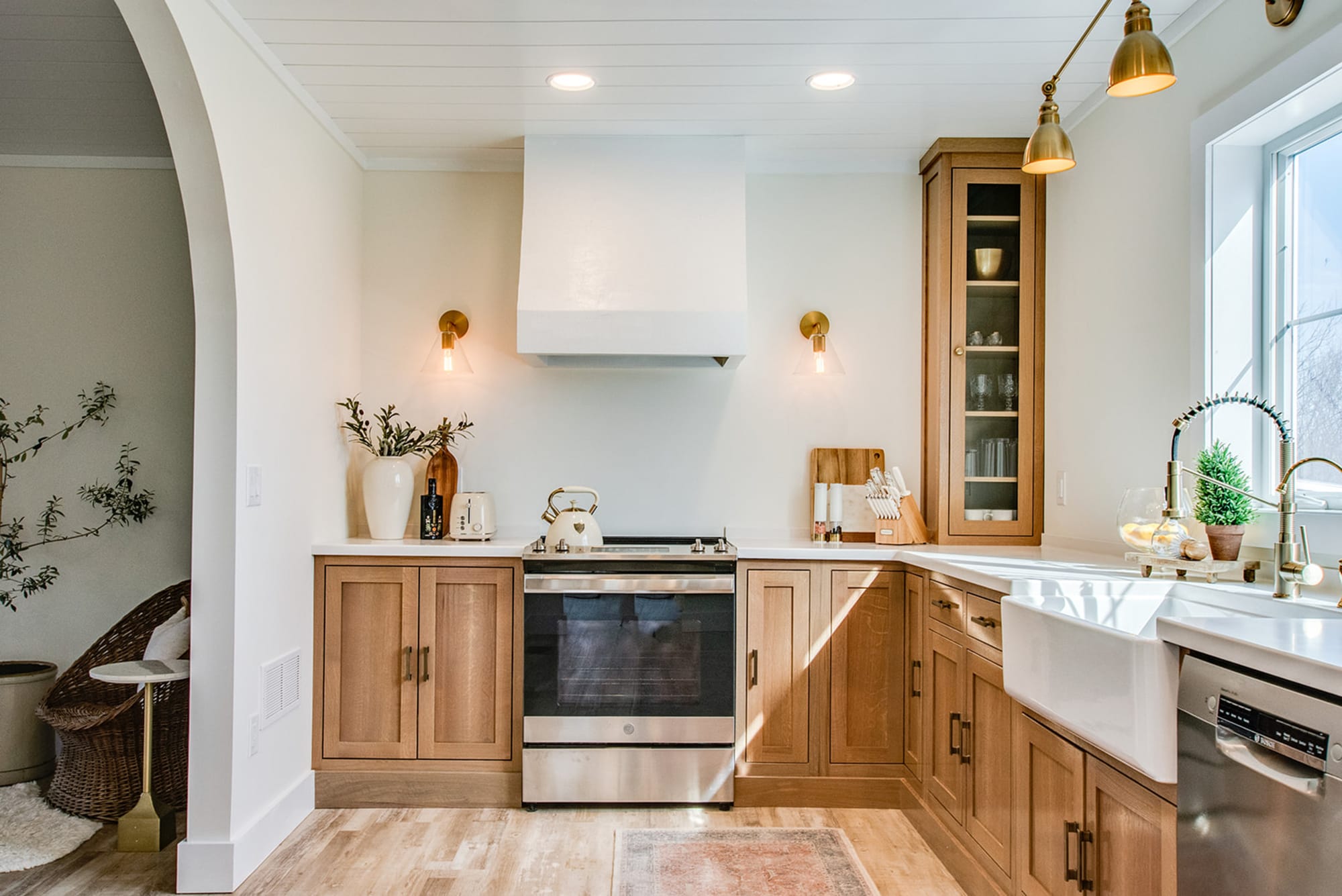 Modern kitchen with wooden cabinets.