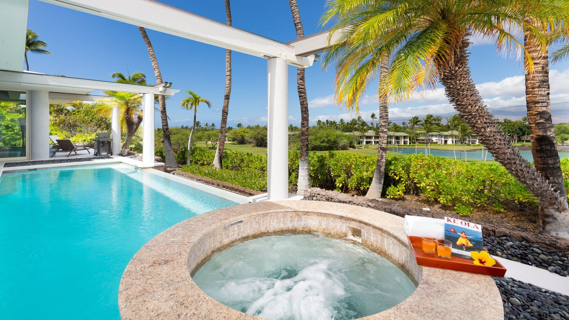 Luxury poolside with palm trees.