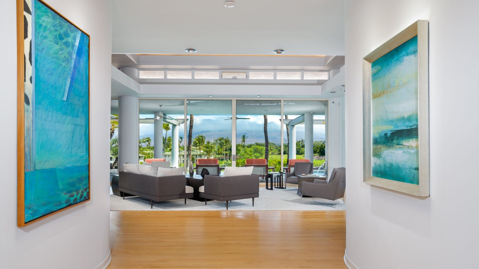 Modern living room with mountain view.