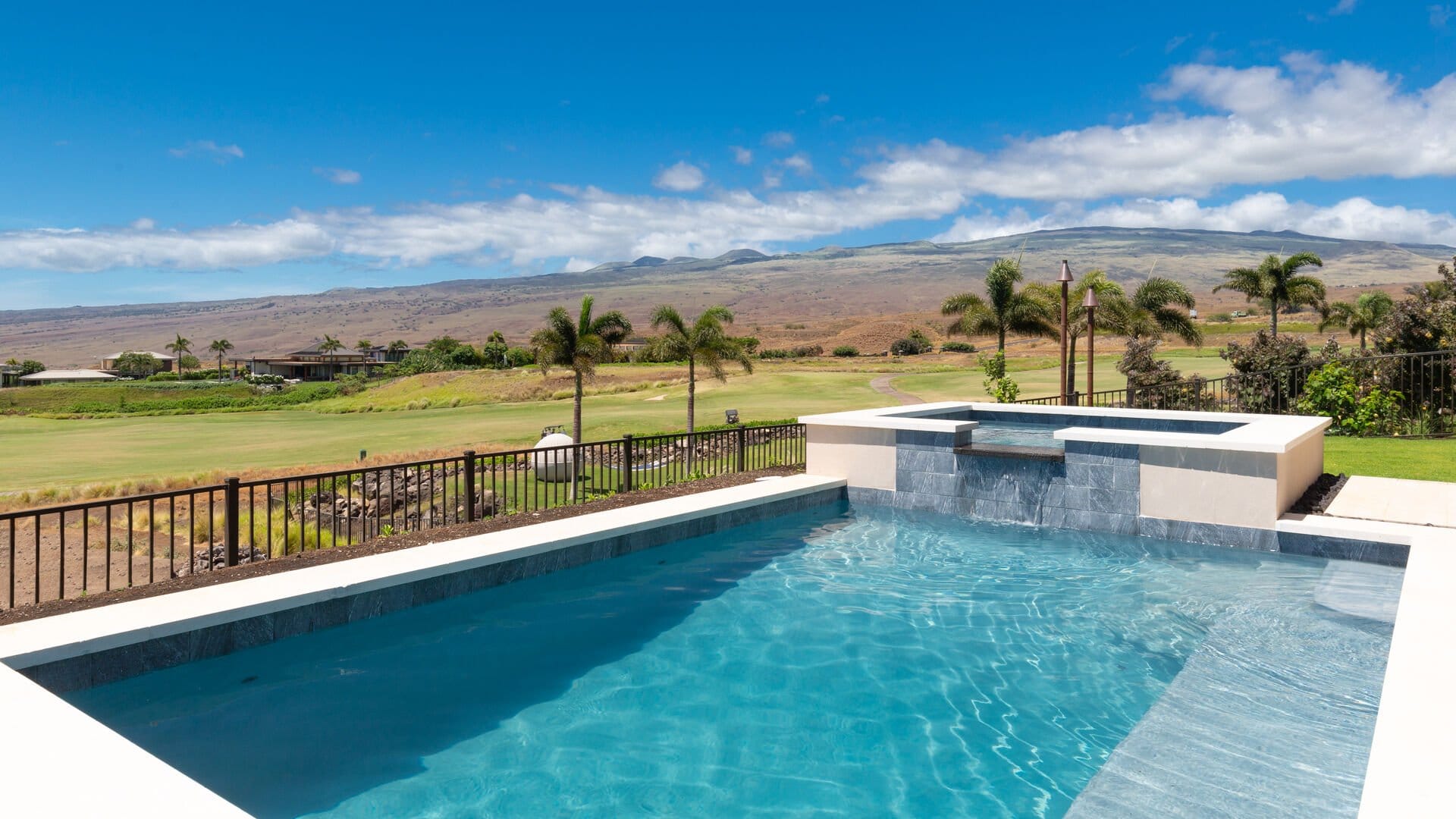 Pool, palm trees, mountains, blue sky.