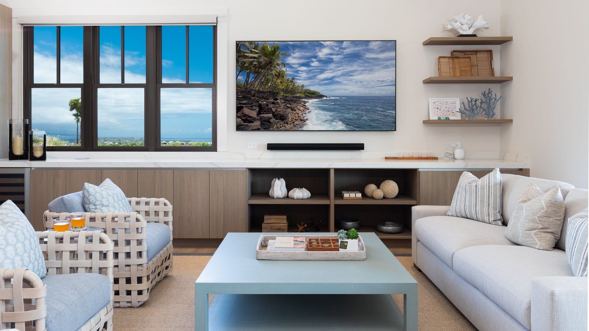 Bright living room with ocean view.