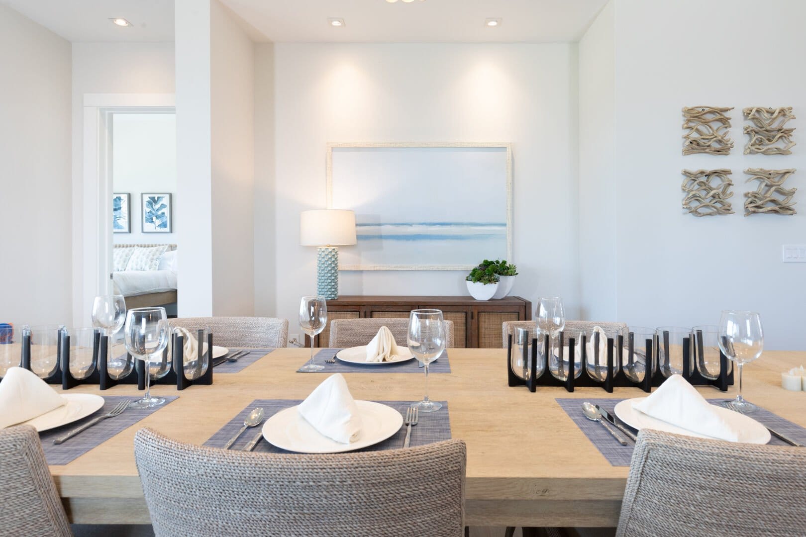 Elegant dining room set for dinner.