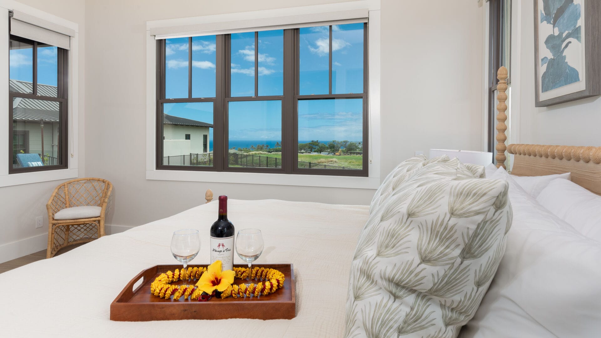 Cozy bedroom with ocean view.