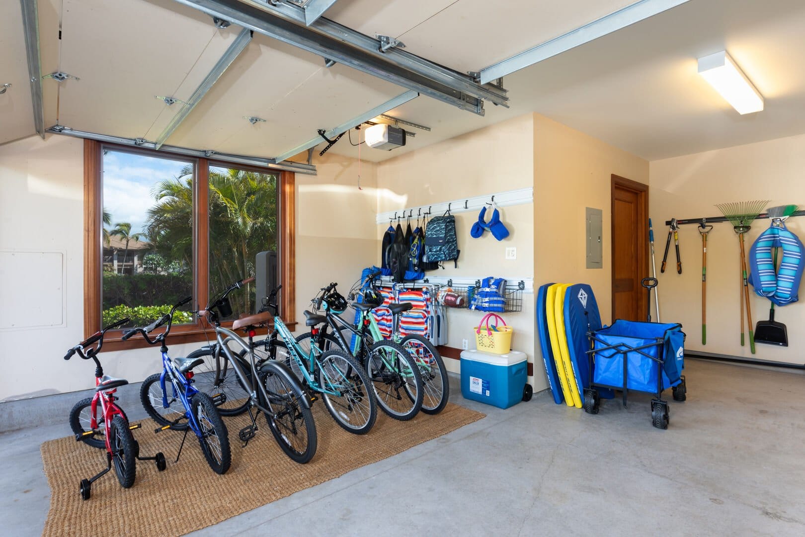 Organized garage with bicycles.