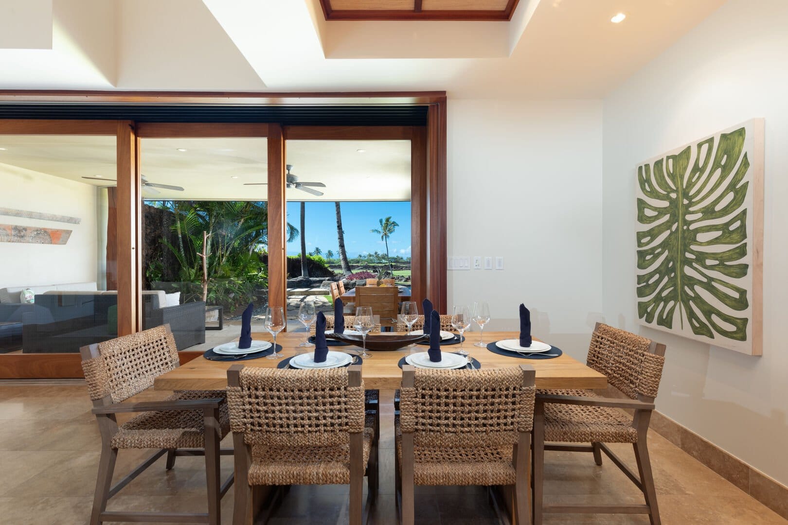 Dining room with outdoor view.