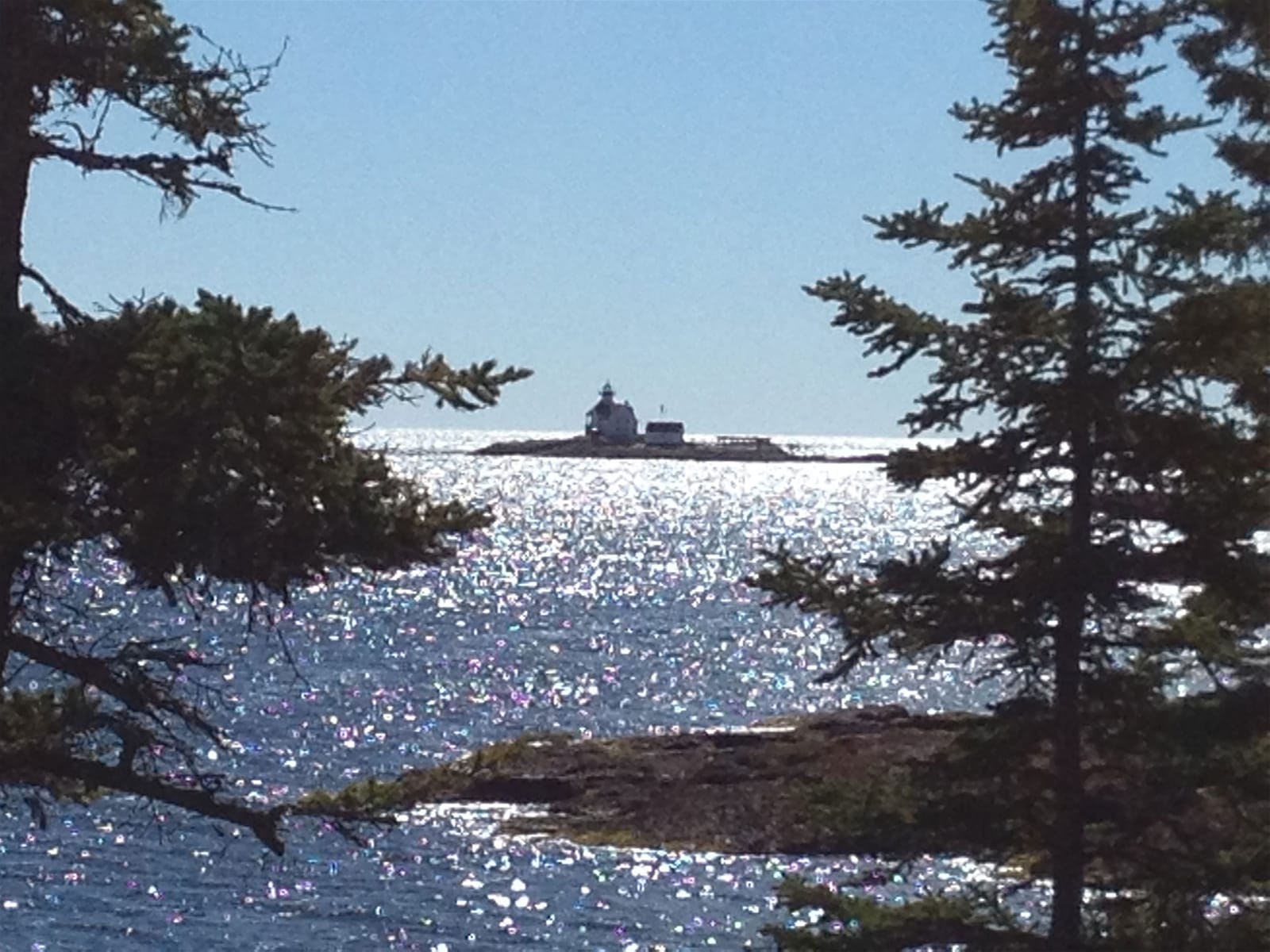 Lighthouse island seen through trees.