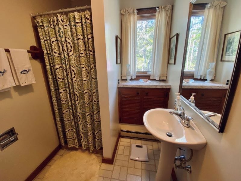 Small bathroom with shower curtain.