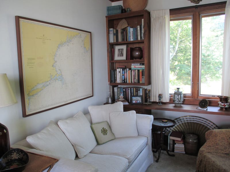 Cozy room with books and couch.