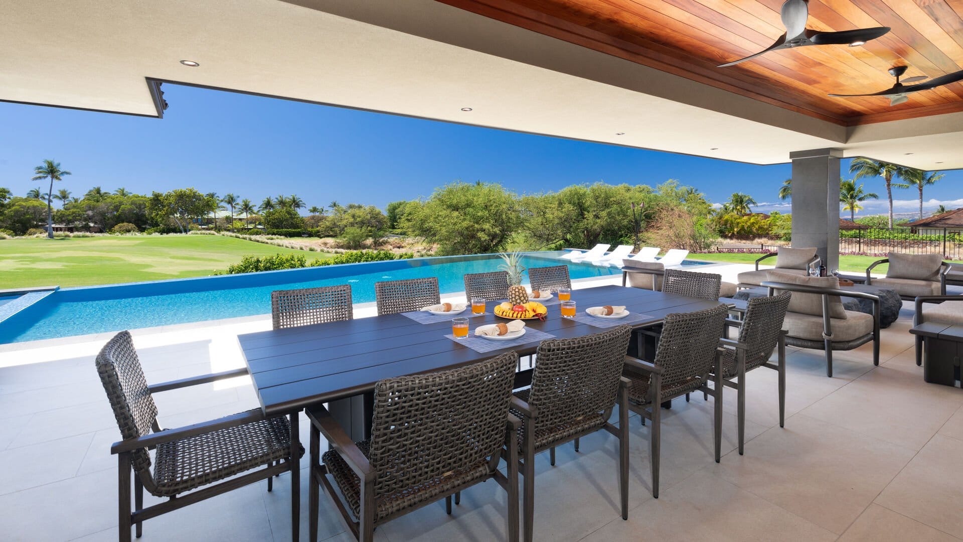 Outdoor dining area with golf view