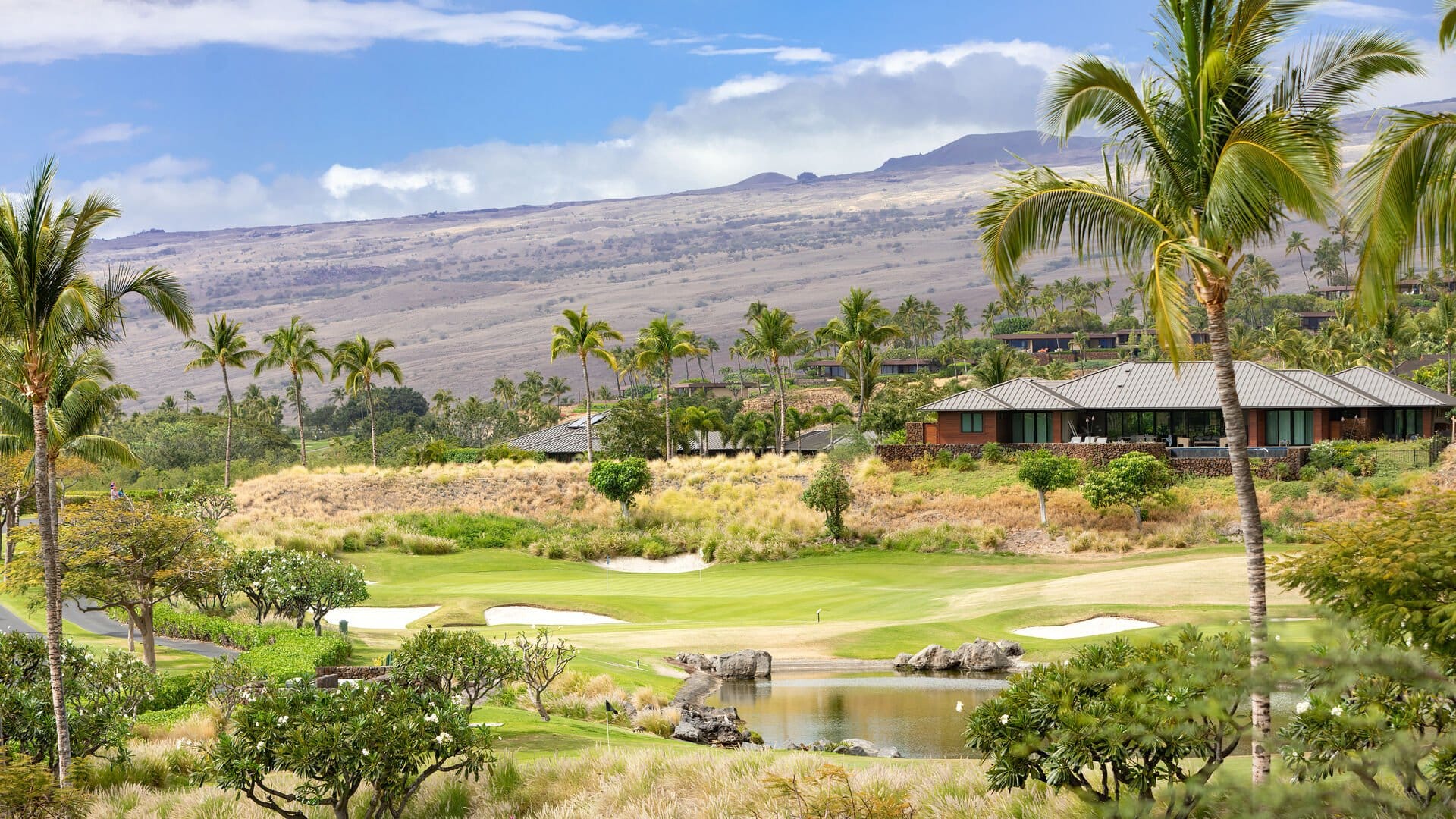 Golf course with mountains and palms.